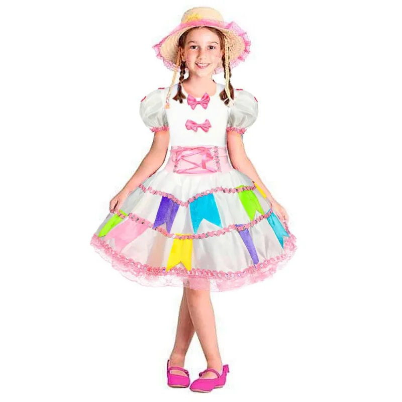 Vestido de Noiva Infantil Festa Junina Luxo com Tiara e Véu P 5 - 6 / Branco