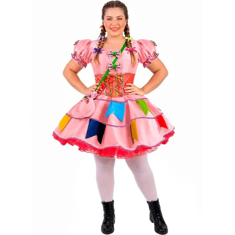 Vestido Festa Junina Adulta Feminina Plus Size de Luxo Com Saia Rodada e Espartilho Afina Cintura GG / Rosa Claro