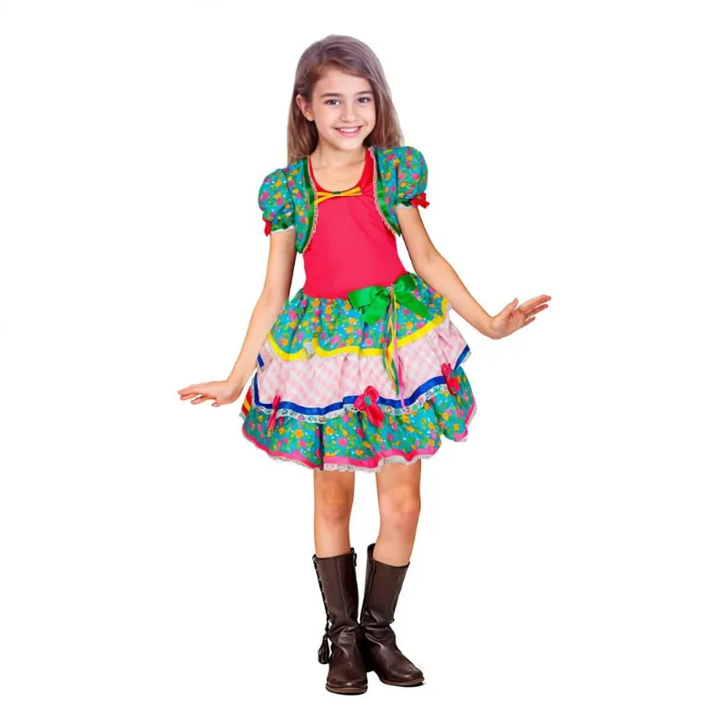 Vestido Feminino Infantil Festa Junina Quadrilha São João Com Bolerinho P / Rosa