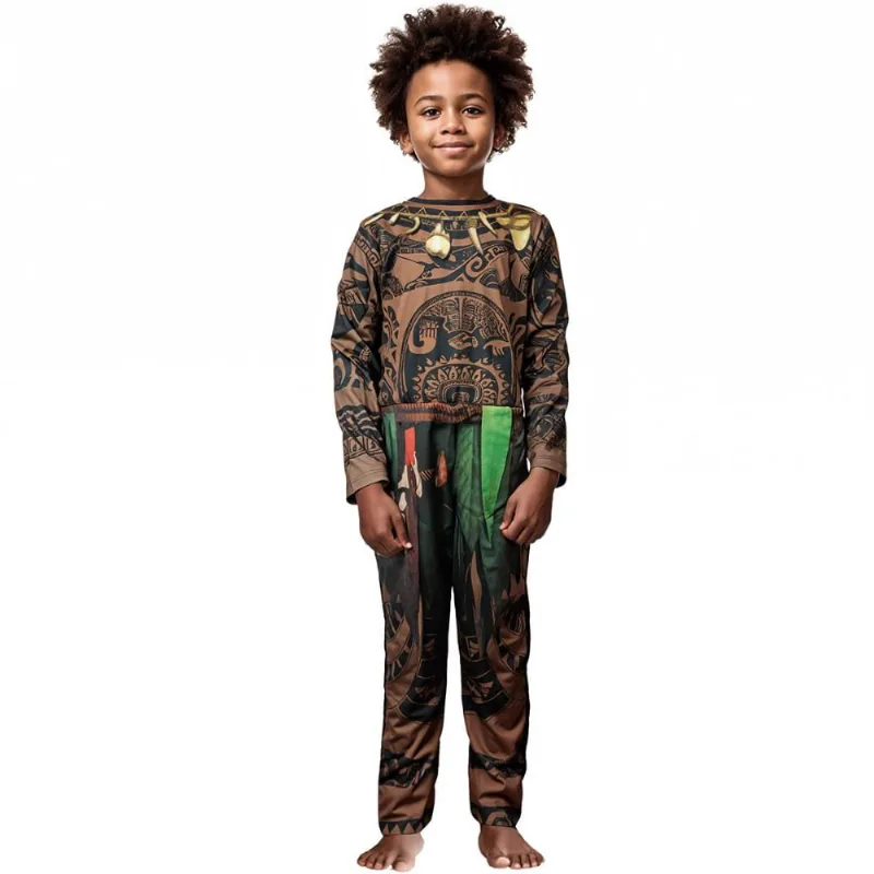 Fantasia Maui Moana Infantil pra Menino Longa Estampa Tatuagem Realista M / Marrom
