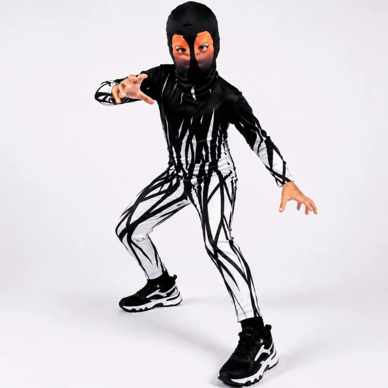 Fantasia Infantil Halloween pra Menino com Máscara Monstro Zalgo Raiz Negra Longa M / Preto