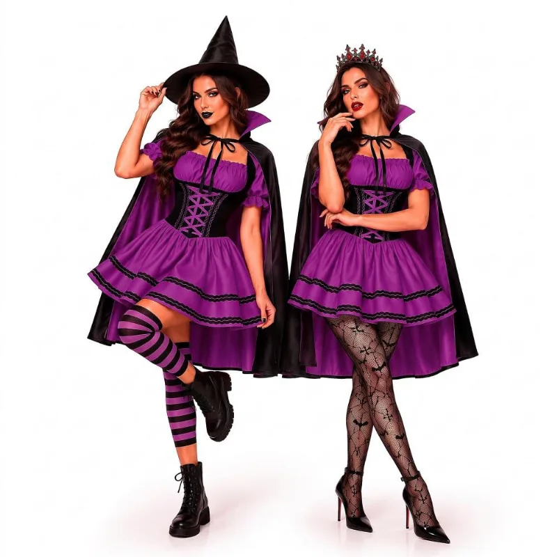 Fantasia Halloween Feminina Adulta Vestido Vampira ou Bruxa Gótica Com Capa pp / Roxo