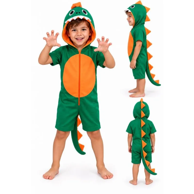 Fantasia Dinossauro Infantil de Luxo Kigurumi Curta Com Capuz Zíper e Rabo G / VERDE