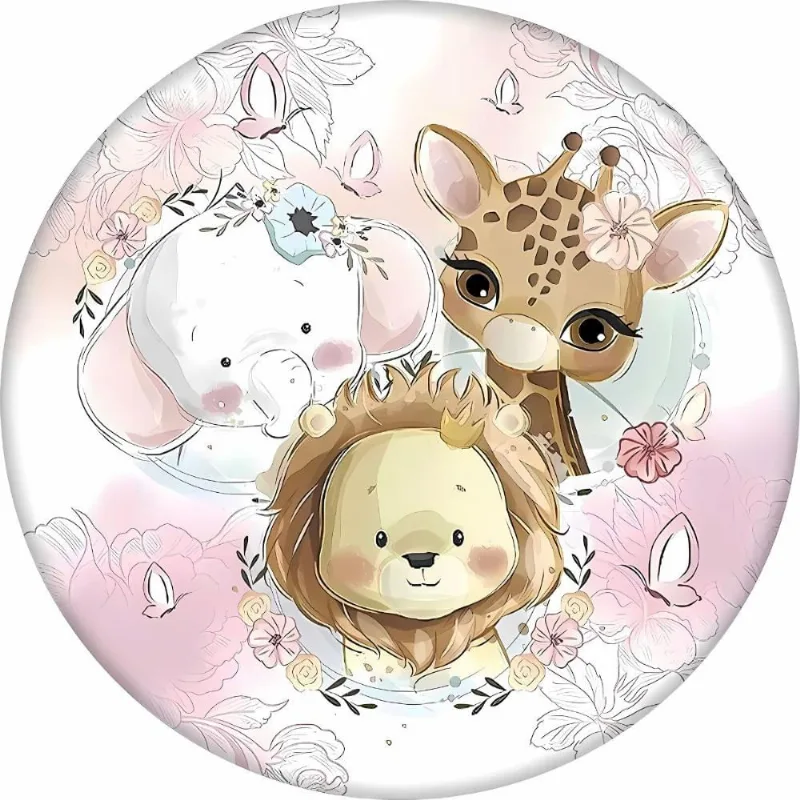 Painel Safari Rosa Baby Redondo em Tecido Sublimado Premium pra Decoração de Festa Aniversário Menina