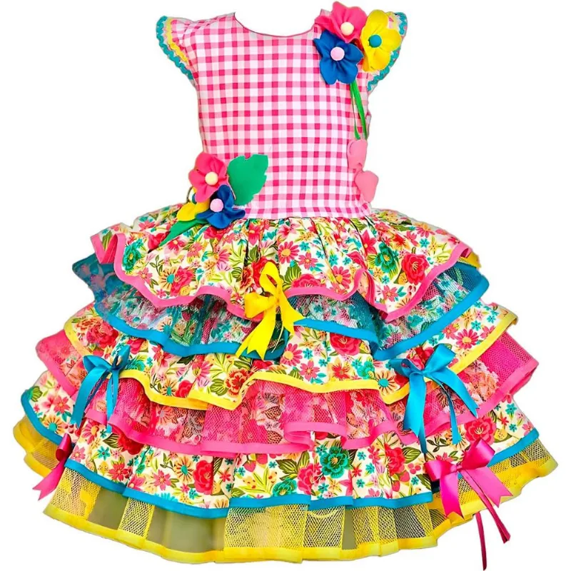 Vestido Festa Junina Infantil Rosa Xadrez e Floral de Luxo Com Saia Rodada 10 / Pink