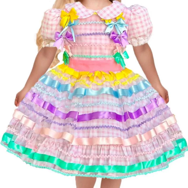 Vestido Festa Junina Infantil Xadrez Rosa Super Luxo Volumoso 2 / Rosa