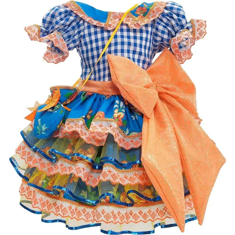 Vestido Festa Junina Infantil Xadrez Super Luxo Rodado Com Babados e Bolsa G / Azul