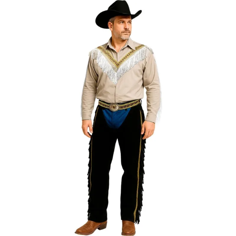 Fantasia Cowboy Adulto Roupa Country Masculina de Luxo Com Chaps PP / Bege