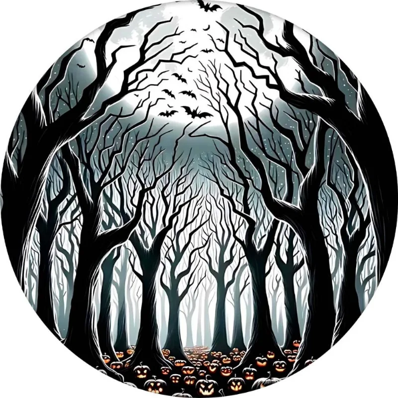 Painel Halloween Redondo Aboboras Assassinas ou Floresta Negra Tecido Premium Cinza