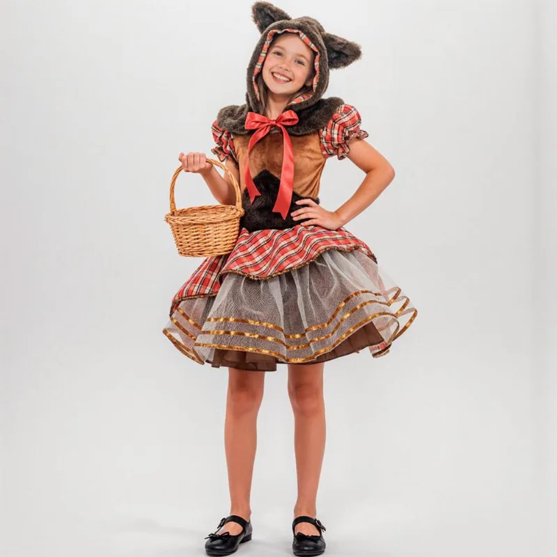 Fantasia de Lobinha Má Infantil com Capuz e Orelhas Vestido para Halloween Luxo GG / MARROM