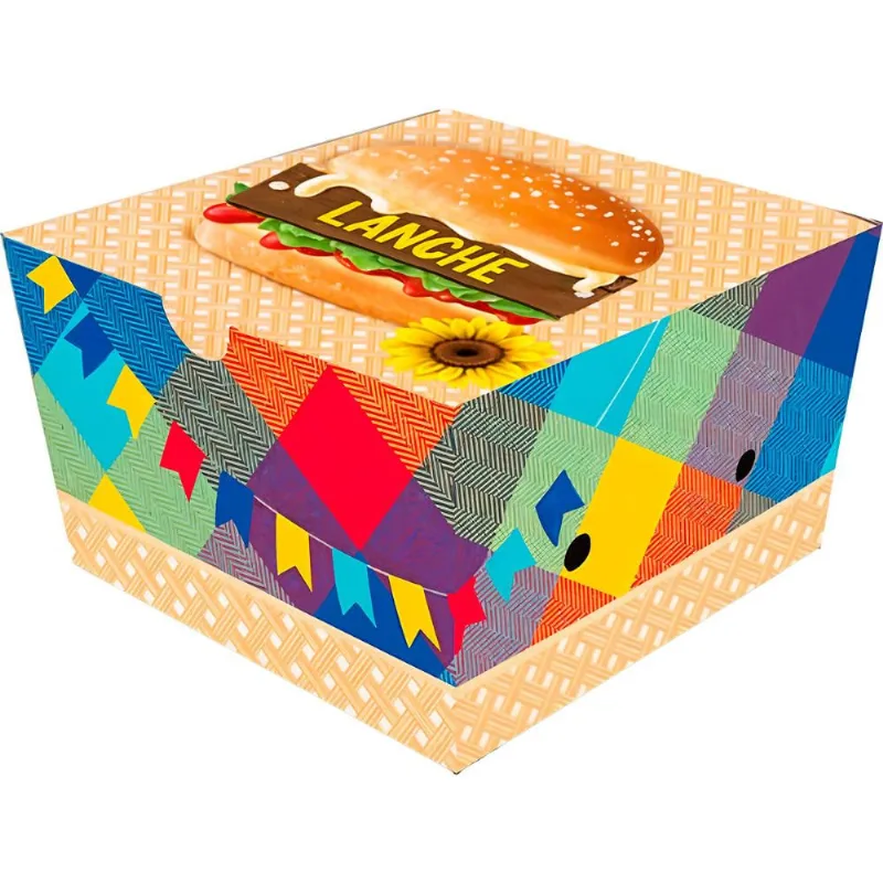 Embalagem Descartável de Festa Junina pra Hamburguer Artesanal 25 Caixa Box de Papel Xadrez com Bandeirinhas 11,5 cm -
