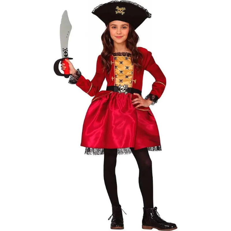 Fantasia de Pirata Infantil pra Menina de Luxo com Vestido e Chapéu ´P / Vermelho