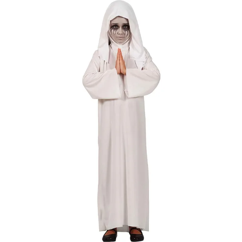 Fantasia Halloween Freira Satânica Infantil pra Meninas Com Capuz e Véu M / Branco