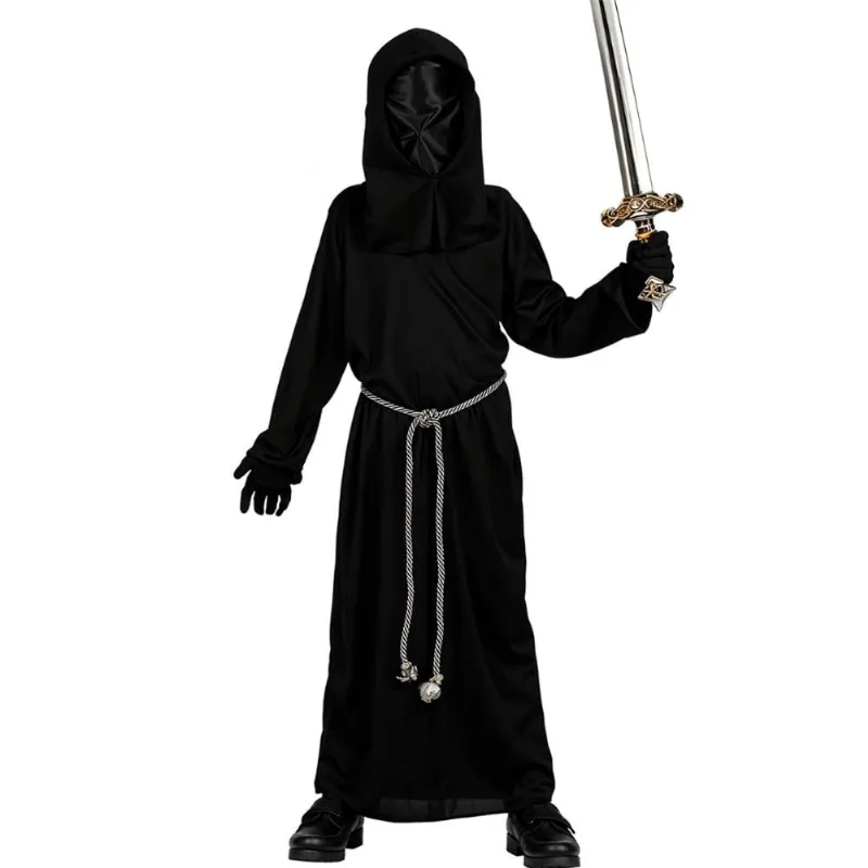 Fantasia Medieval Infantil de Halloween pra Menino Tunica Preta e Capuz Mago sem Rosto M / Preto