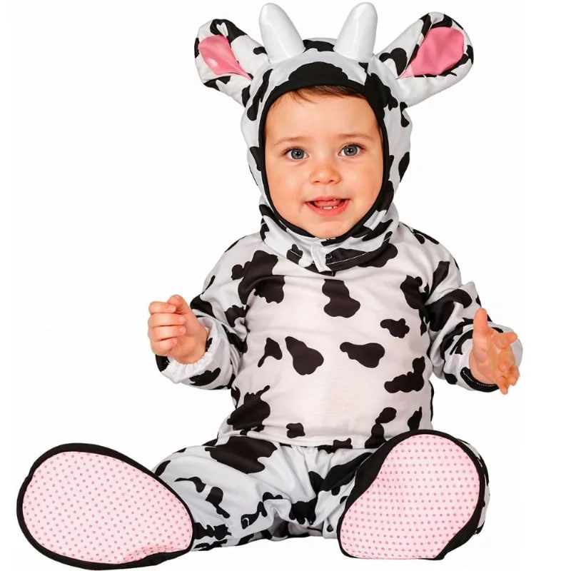 Fantasia Vaca Bebê Menino Menina Animais com Capuz e Pantufas Antiderrapantes M / Branco