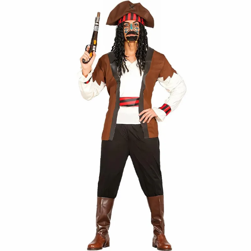 Fantasia Pirata Masculina de Luxo Completa Com Chapéu G / Marrom