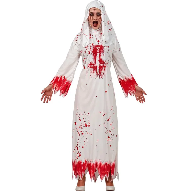 Fantasia Freira de Halloween Feminina Adulta Assassina Tunica Branca Com Veu e Sangue P / Branco