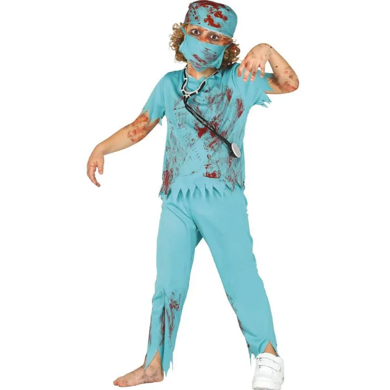 Fantasia Medico Halloween Infantil pra Menino Zumbi com Sangue GG / Azul