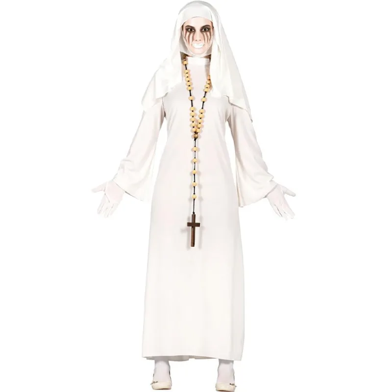 Fantasia Halloween Freira Assustadora Feminina Com Véu e Vestido Branco M / Branco