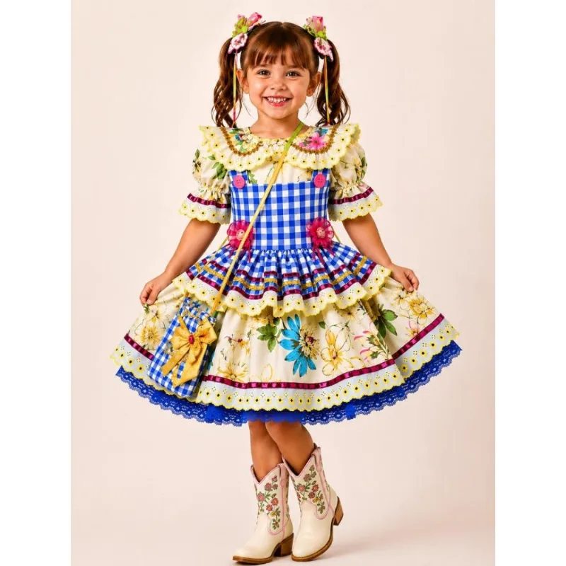 Vestido Feminino Infantil Festa Junina Candinha Com Bolsinha GG / Azul