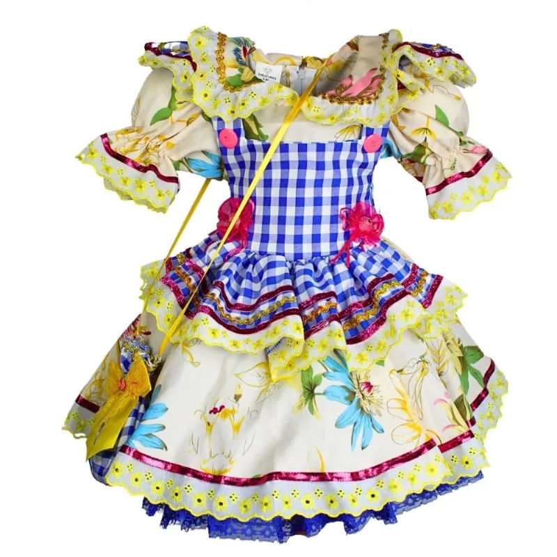 Vestido Festa Junina Bebê Menina Candinha Com Bolsinha PP / Azul