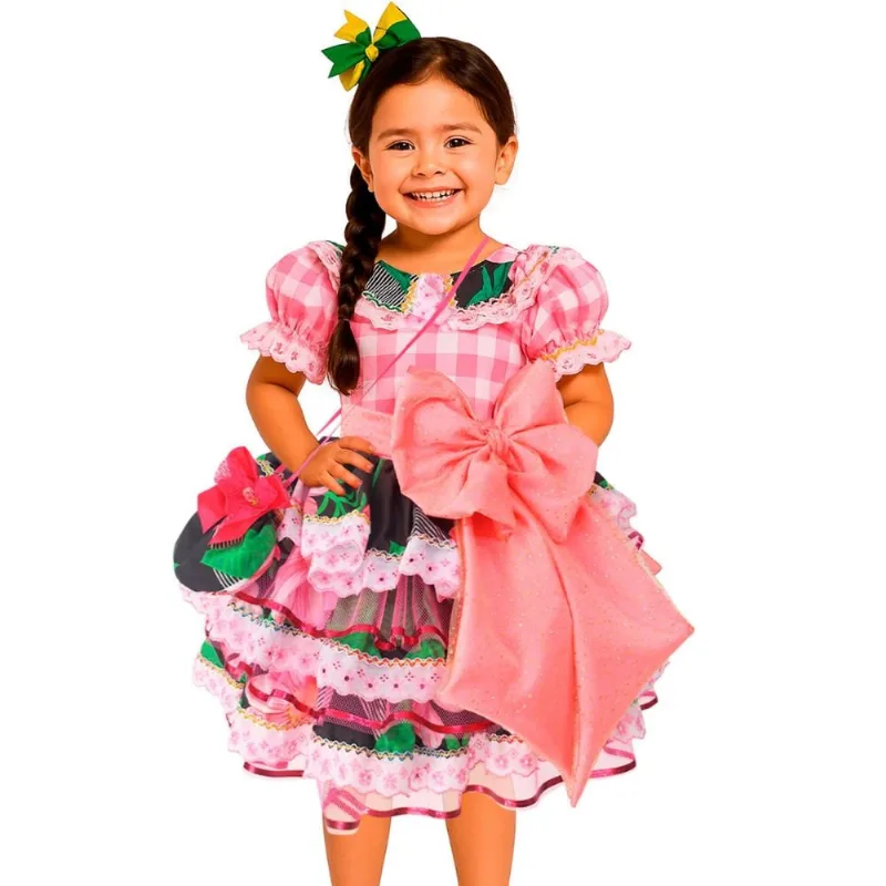 Vestido Festa Junina Infantil Xadrez Super Luxo Rodado Com Babados e Bolsa M / Preto
