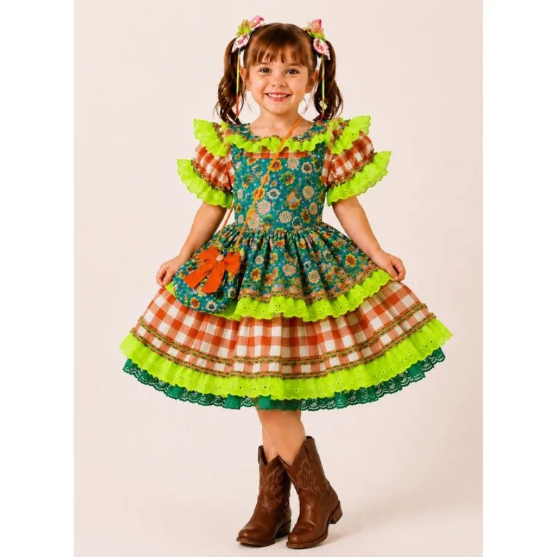 Vestido Feminino Infantil Festa Junina Candinha Com Bolsinha GG / Laranja