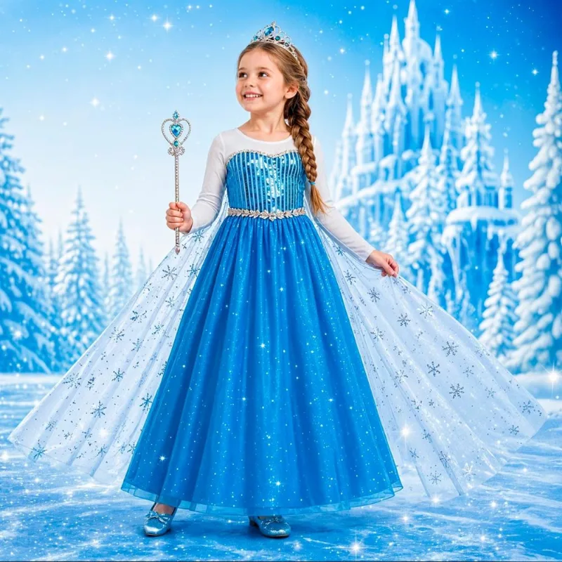 Fantasia Frozen Infantil Luxo Vestido Princesa Elsa Longo com Capa e Acessórios G