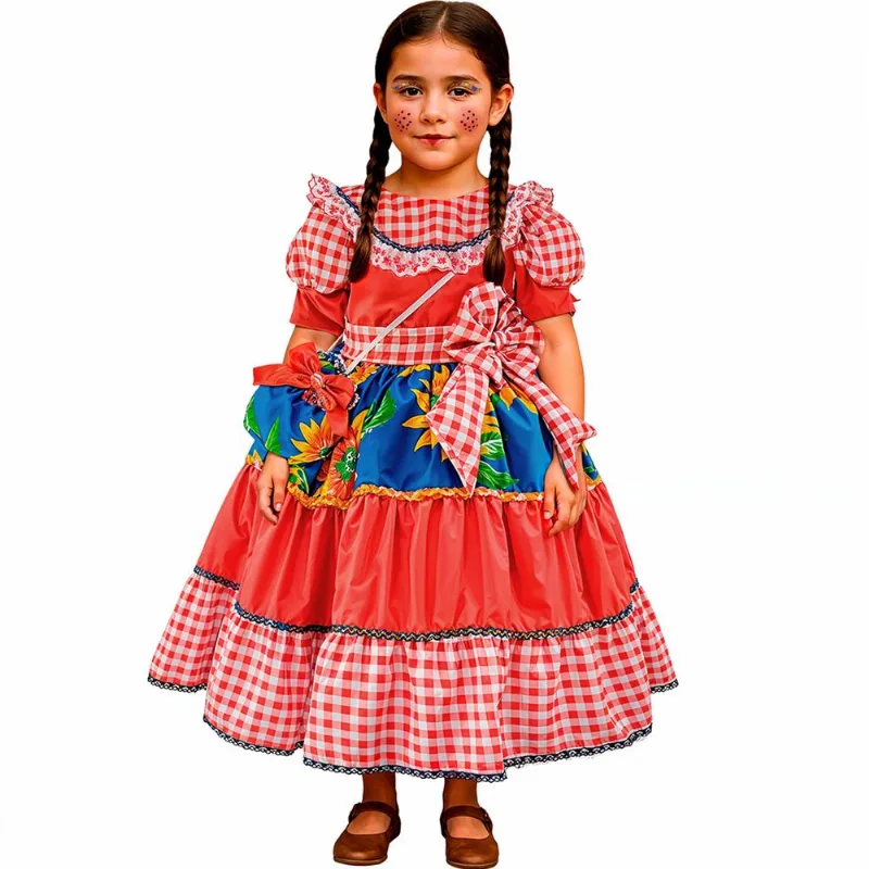Vestido Festa Junina Infantil de Luxo Xadrez Vermelho Longo com Bolsa M / Vermelho