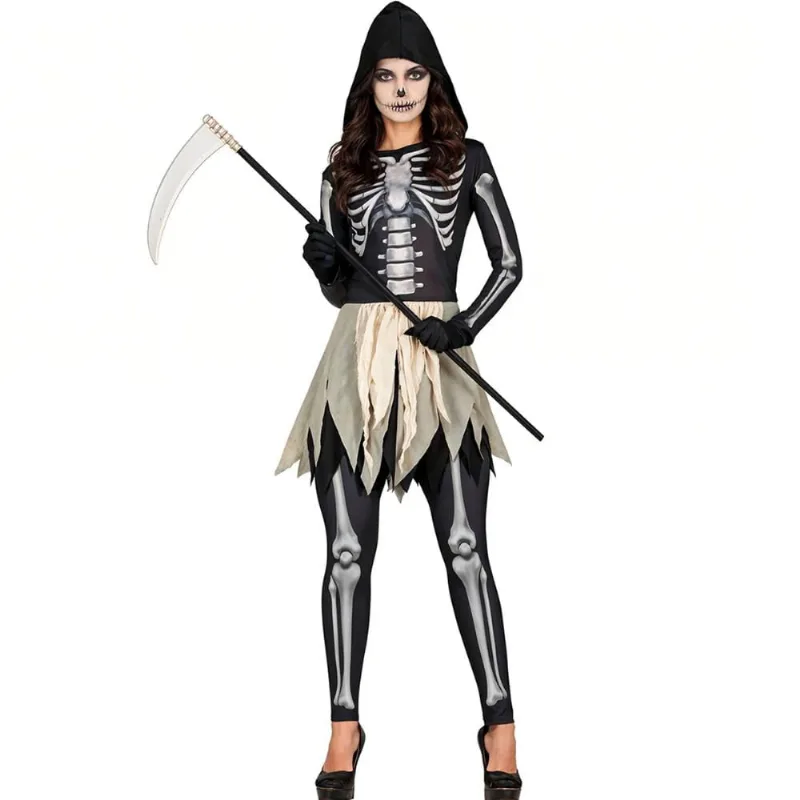 Fantasia Halloween Caveira Ceifadora Feminina Com Capuz M / Preto