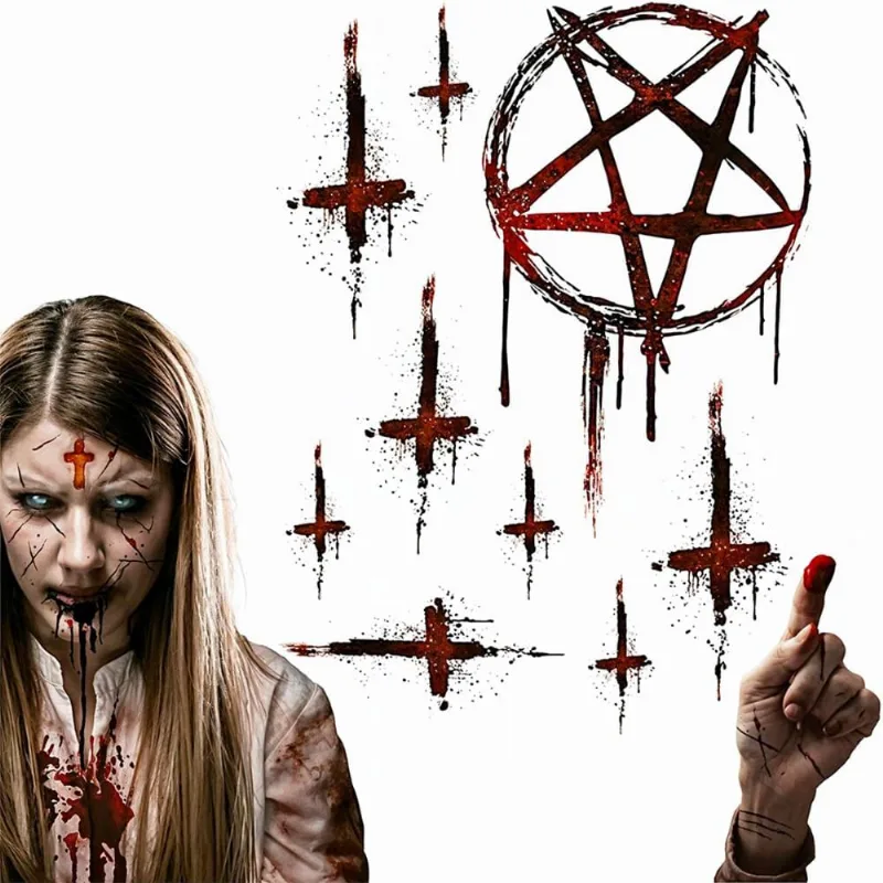 Kit de Adesivos de Halloween de Terror Vinil para Janela e Parede com Pentagrama Cruzes e Possuída -