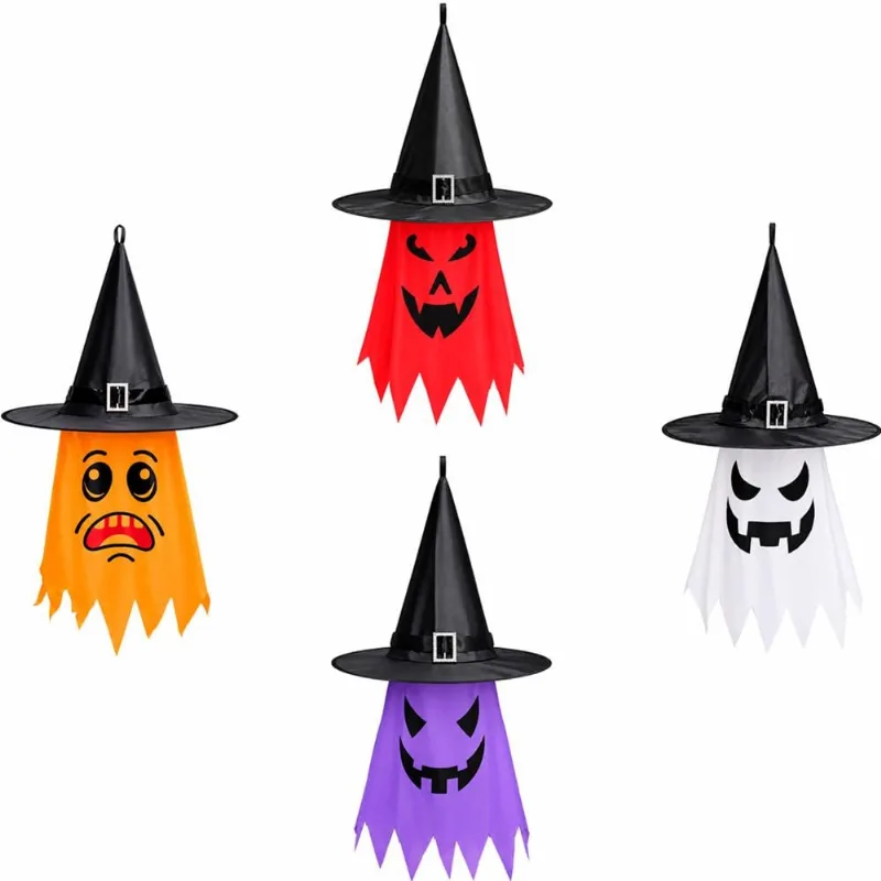 Fantasma de Halloween Grande com Chapeu de Bruxa Decoração pra Pendurar Branco