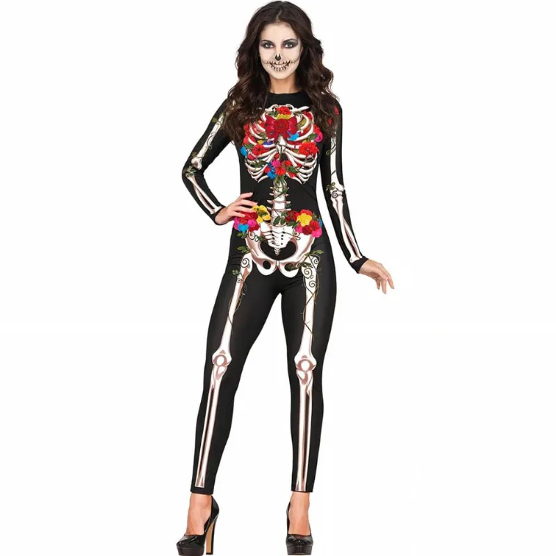 Fantasia Halloween Caveira Mexicana Feminina Adulta Esqueleto com Rosas PP / Preto