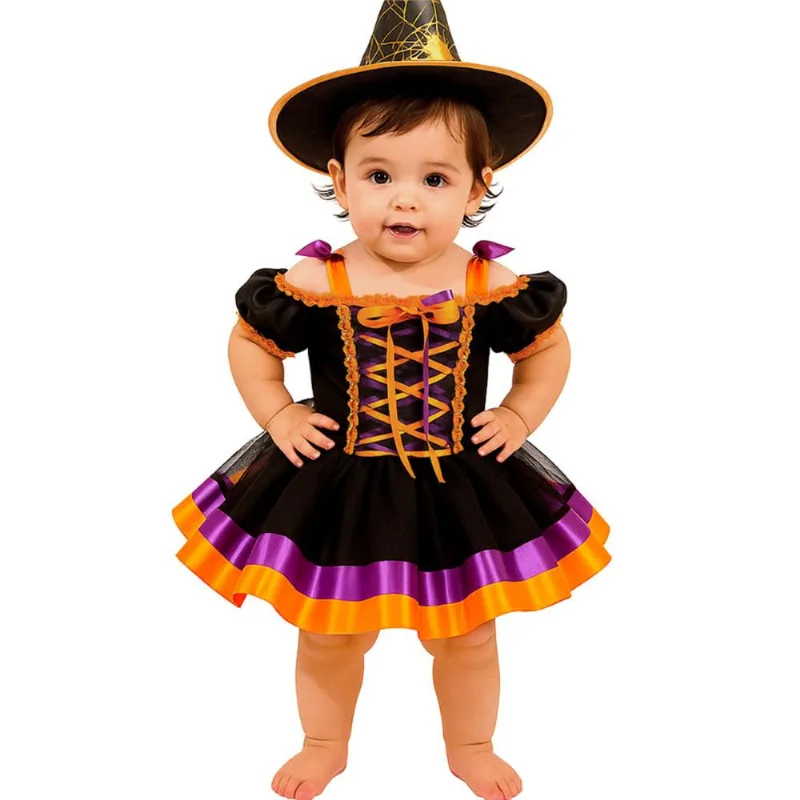 Fantasia Bruxa Infantil Bebe Menina Halloween de Luxo M / Preto