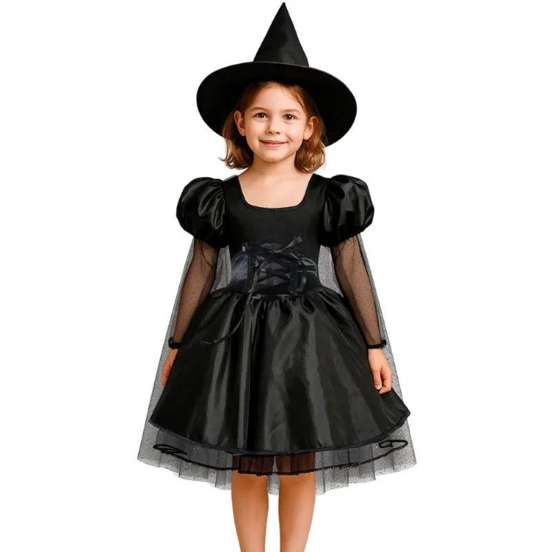 Fantasia Halloween de Bruxa Infantil de Luxo Vestido Preto com Capa PP / Preto