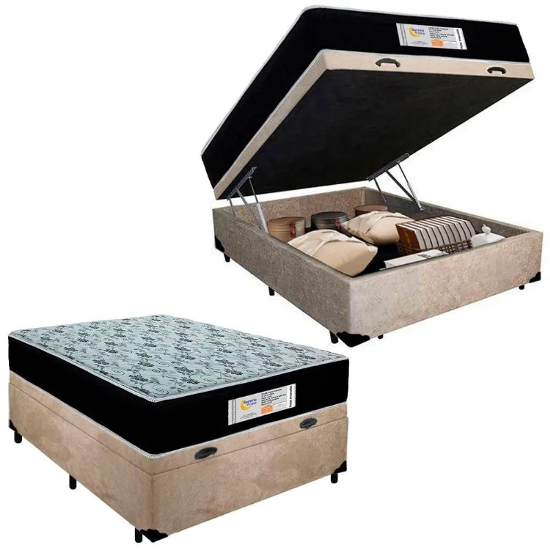 Cama Box Baú Casal Suede + Colchão Molas Ensacadas Sereneprime Sonnolux 138cm Bege - Suporta Até 110kg Por Pessoa