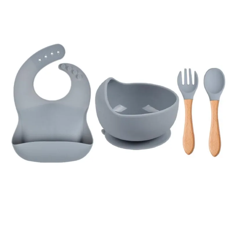 Babador Silicone Tigela Ventosa E Talheres Luxo Cinza - Baby