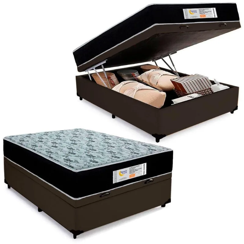 Cama Box Baú Casal Sintético + Colchão Molas Ensacadas Sereneprime Sonnolux 138x188x69 Marrom