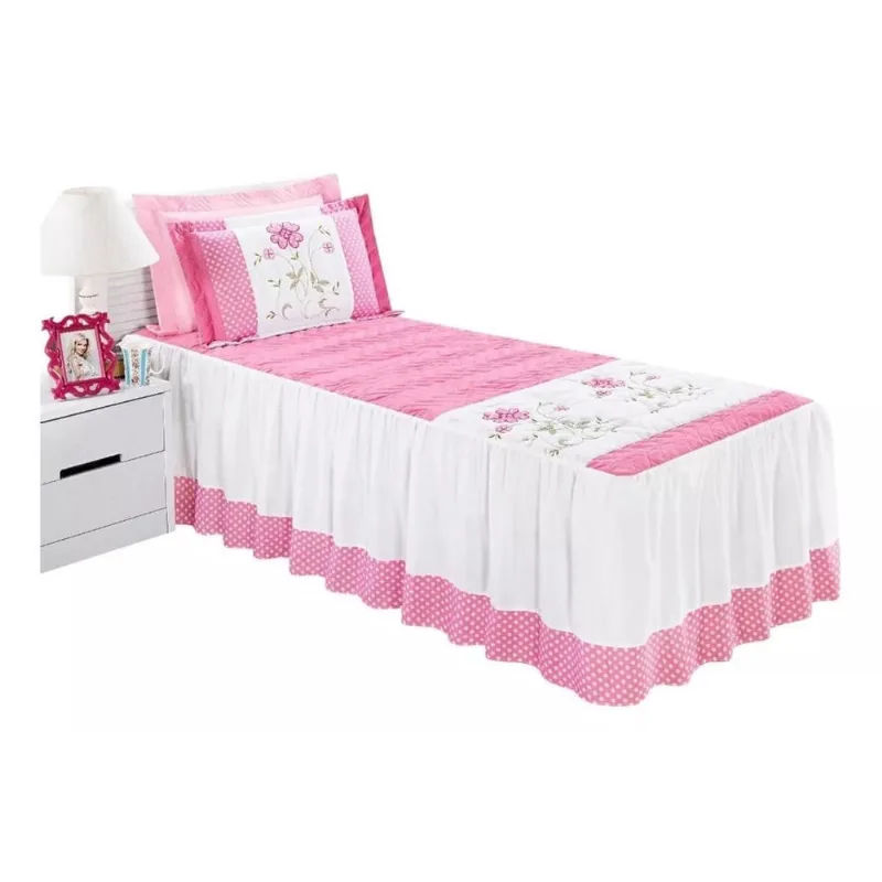 Kit Colcha Cobre Leito Solteiro 2 Peças Bordada Rosa