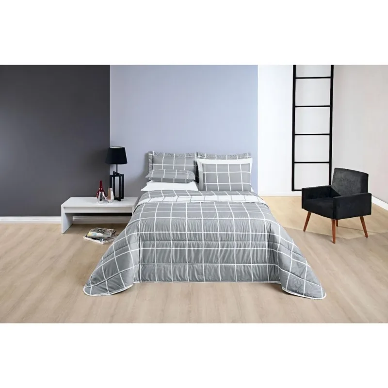 Roupa Cama Solteiro Xadrez Moderno 2 Peças Cinza 200 Fios