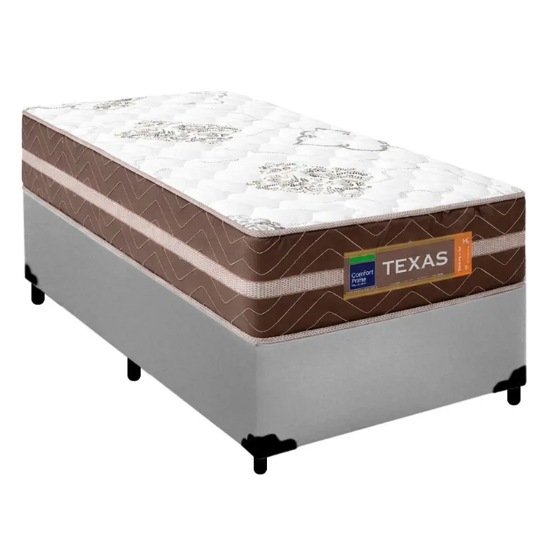 Cama Box Solteiro Sintético + Colchão Molas Ensacadas Texas Prime Colchões 88cm - Suporta Até 120 Kg Por Pessoa Cinza