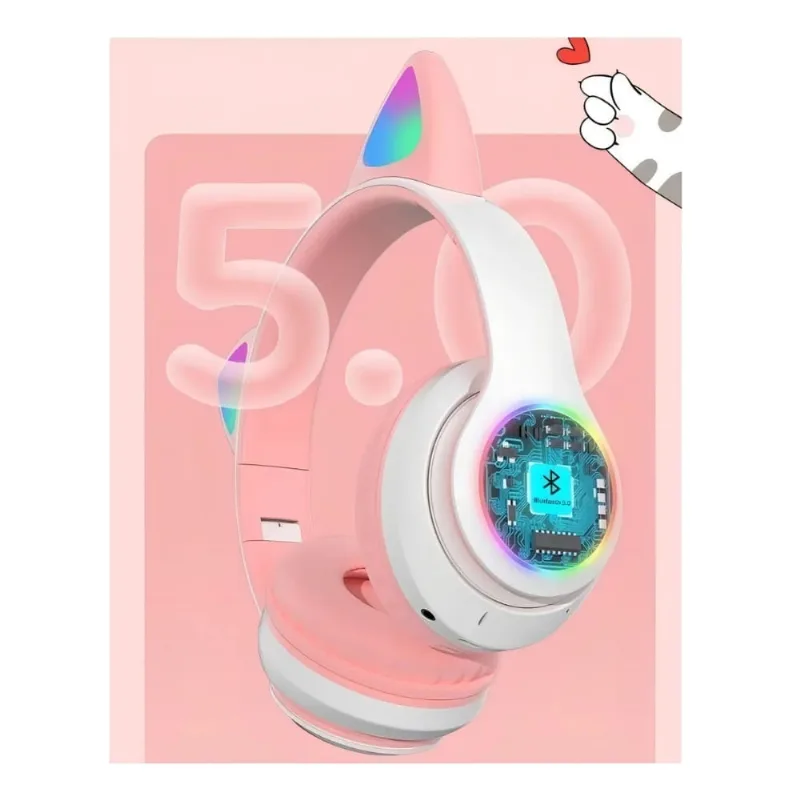 Fone De Ouvido Led Gatinho Bluetooth Headset Gamer Rosa