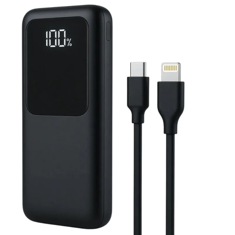 Power Bank MDM Slim com Display de Porcentagem e Cabos Usb C e Lightning Preto