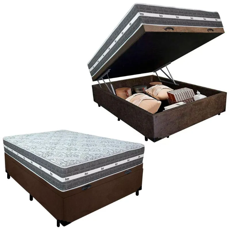 Cama Box Baú Casal Suede + Colchão Black Graphite Molas Ensacadas 138x188x64cm Marrom