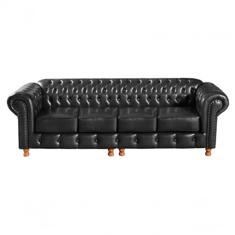 Sofá Luis XV 4 Lugares 250CM Preto Couro Sintético Bella Decor