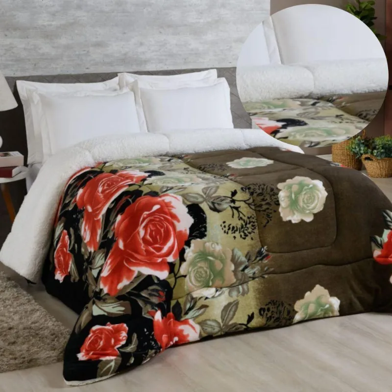 Edredom Coberdrom Sonobom Queen Sherpa E Manta - Floral Preto - 100% Poliéster