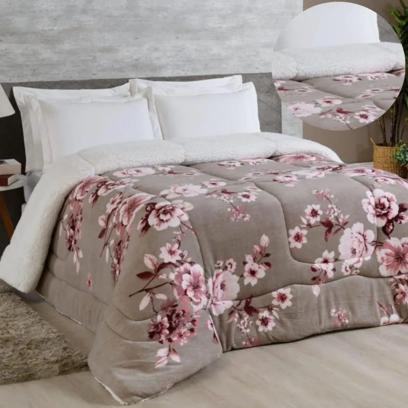 Edredom Coberdrom Sonobom King Sherpa E Manta - Floral Cinza - 100% Poliéster