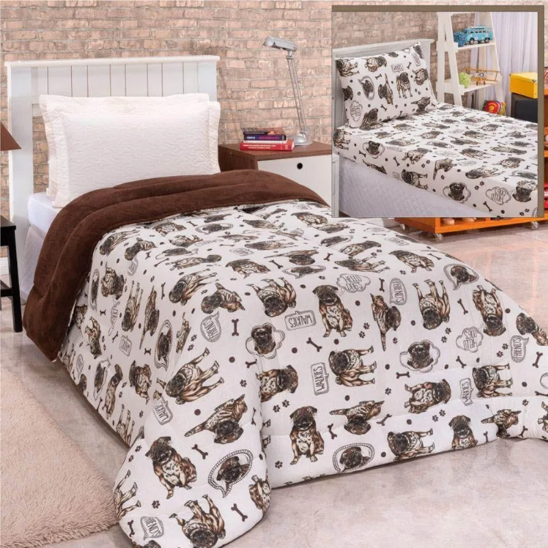 Coordenado Coberdrom Edredom E Lençol Solteiro 3 Peças Cão - Bege