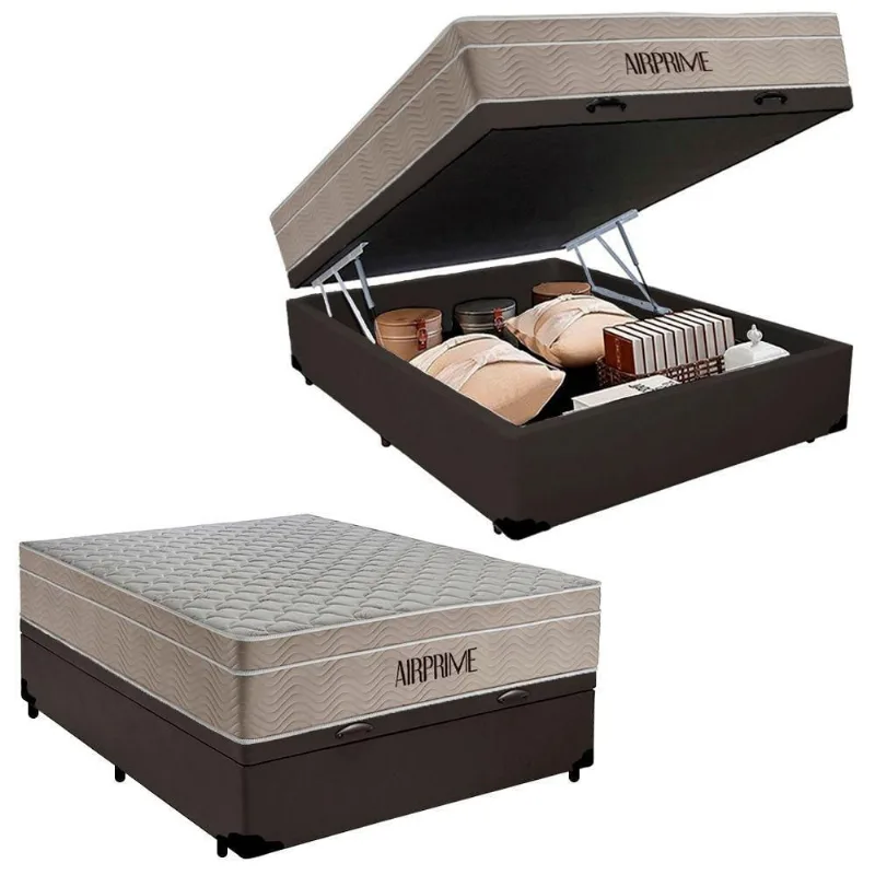 Cama Box Baú Casal Sintético Cremil + Colchão Molas Ensacadas Airprime 138cm Marrom - Suporta Até 120kg Por Pessoa