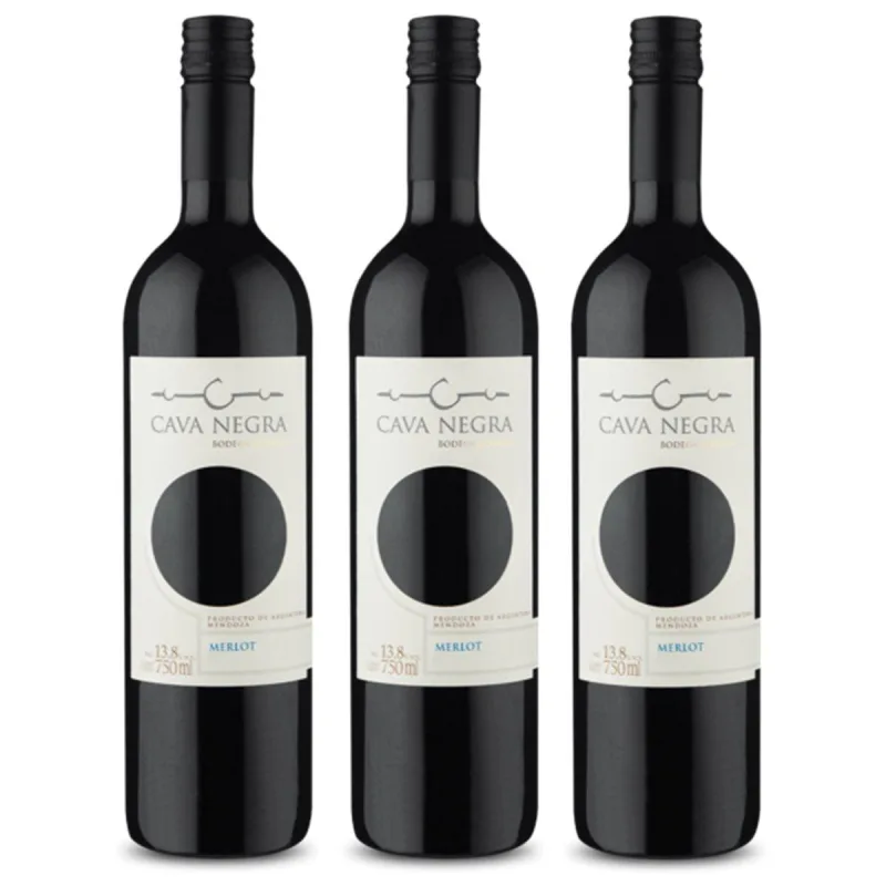 Kit 03 Un Vinho Argentino Tinto Seco Cava Negra Merlot 750ml - Não Informado